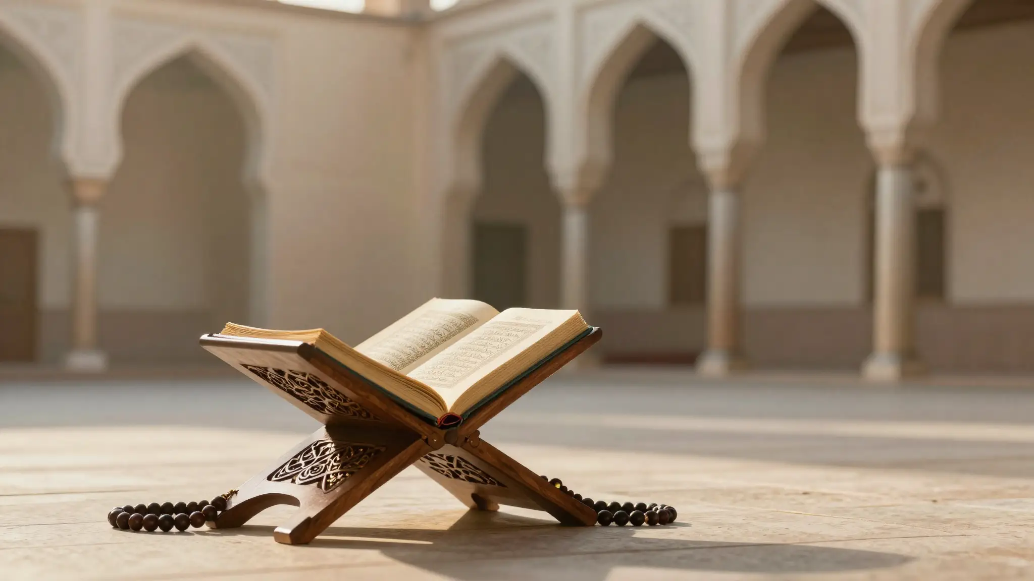 مسجد بأقواس هندسية ومصحف مفتوح بخط عربي أنيق يرمز إلى الإسلام وأركانه